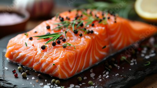 raw salmon stake with rosemary and pepper