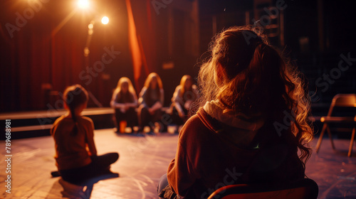 some young teen teenager actress and actors on a theatre rehearsal photo