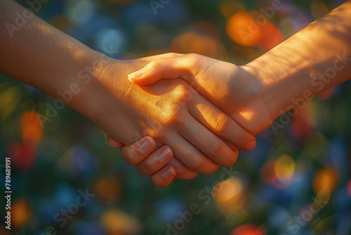 An artistic representation of hands clasped in a gesture of solidarity, symbolizing support and unity. Concept of collaboration and cooperation. Generative Ai.