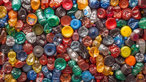 a pile of colorful plastic bottle caps and bottles photo