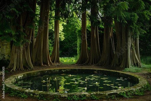 : A secret pond with water lilies, surrounded by a circle of towering yew trees.
