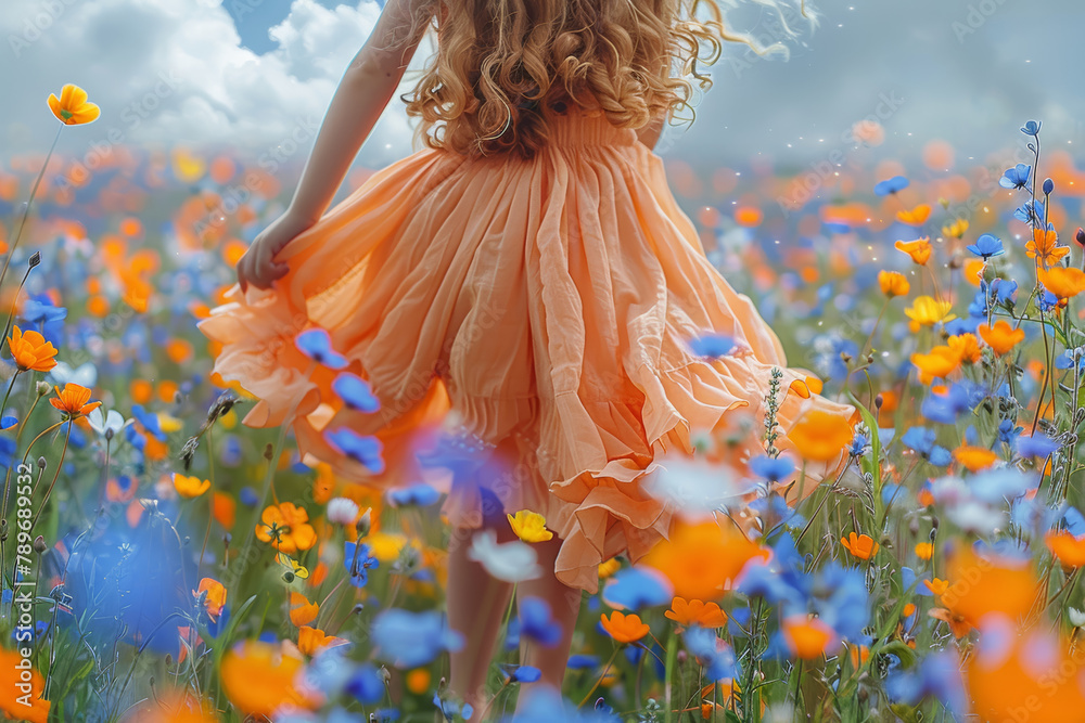 A child running barefoot through a field of wildflowers, experiencing the unbounded joy of freedom and innocence. Concept of pure liberation and happiness. Generative Ai.