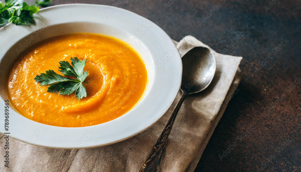 Pumpkin soup on linen napkin on dark background. Concept of eating seasonal food, climatarian diet. Pumpkin soup on linen napkin on dark background. Concept of eating seasonal food, climatarian diet.