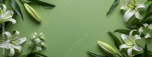 Green lilies border a frame on a green background with copy space. in a flat lay top view