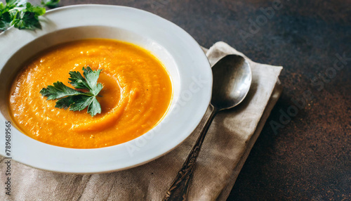 Pumpkin soup on linen napkin on dark background. Concept of eating seasonal food, climatarian diet.