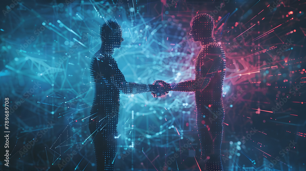 Handshake between man and robot. digital technology background with hologram of computer code and data network connection concept on blue glowing light tech backdrop