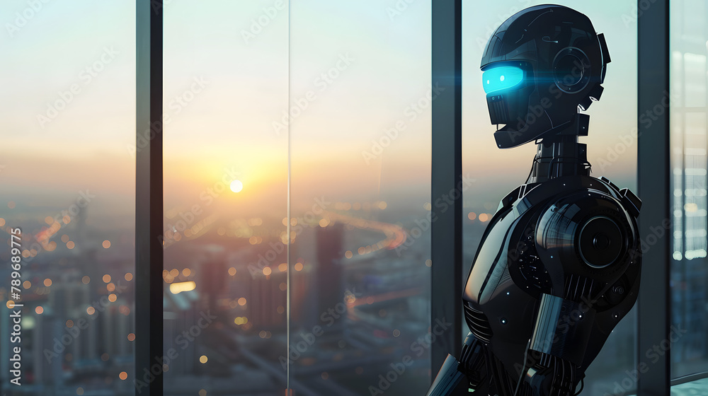 Image of an AI android positioned against panoramic windows. with the urban landscape visible in the backdrop during sunrise