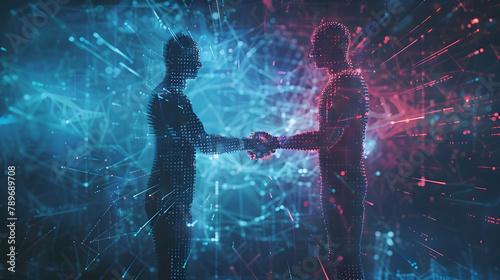 Handshake between man and robot. digital technology background with hologram of computer code and data network connection concept on blue glowing light tech backdrop © Oleksandr