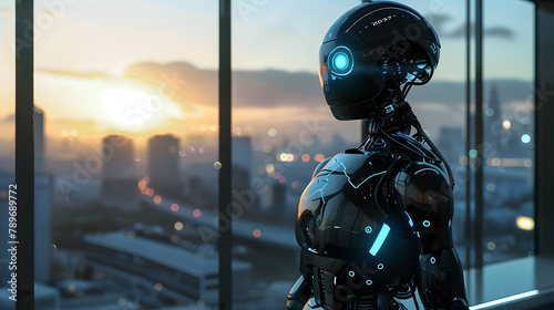 Image of an AI android positioned against panoramic windows. with the urban landscape visible in the backdrop during sunrise photo