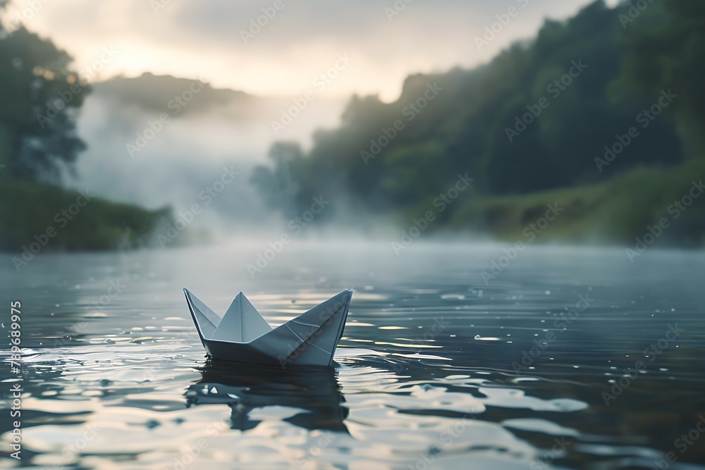 : A single paper boat floating down a gently flowing, misty river at dawn.
