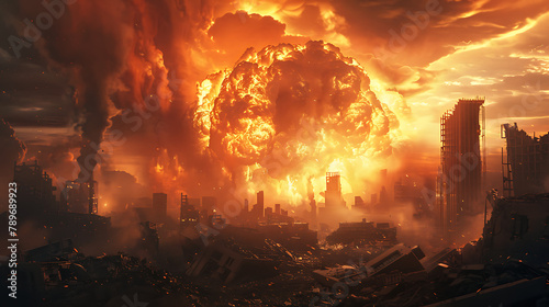 This image portrays a catastrophic scene where a large explosion, resembling a nuclear detonation, is occurring in the background of a devastated urban area