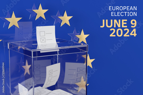 European elections. Transparent ballot box against the backdrop of the European Union flag.  © Studio Harmony