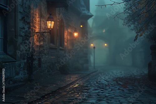 : A single lantern glowing softly in the foggy darkness of an old cobblestone street.