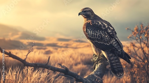 "A regal hawk perched on a tree branch, scanning the surrounding landscape with keen eyes, ready to swoop down on its prey with precision.