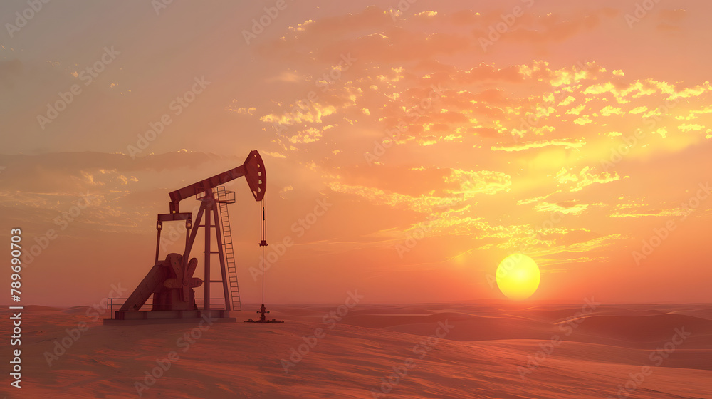 Oil pump in the desert at sunset 