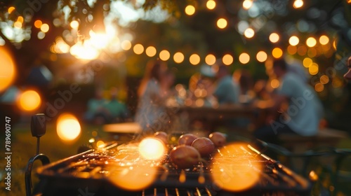 Defocused laughter and chatter fill the air as a backyard barbecue blurs into the background with glistening grill marks and mouthwatering scents teasing the senses. . photo