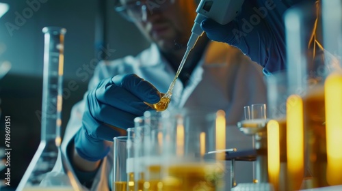 A closeup shot of a scientist expertly manipulating a pipette carefully transferring a biofuel sample into a test tube representing the precision and attention to detail required in . photo