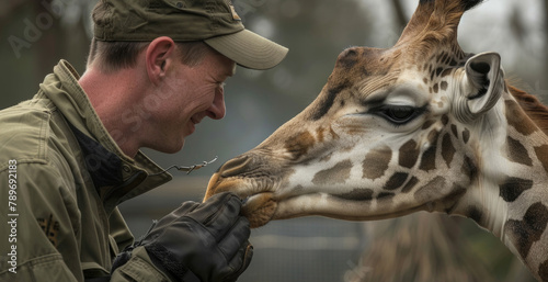 A man is feeding a giraffe a piece of food in a zoo or wildlife park setting. The giraffe is reaching down with its long neck to accept the offering