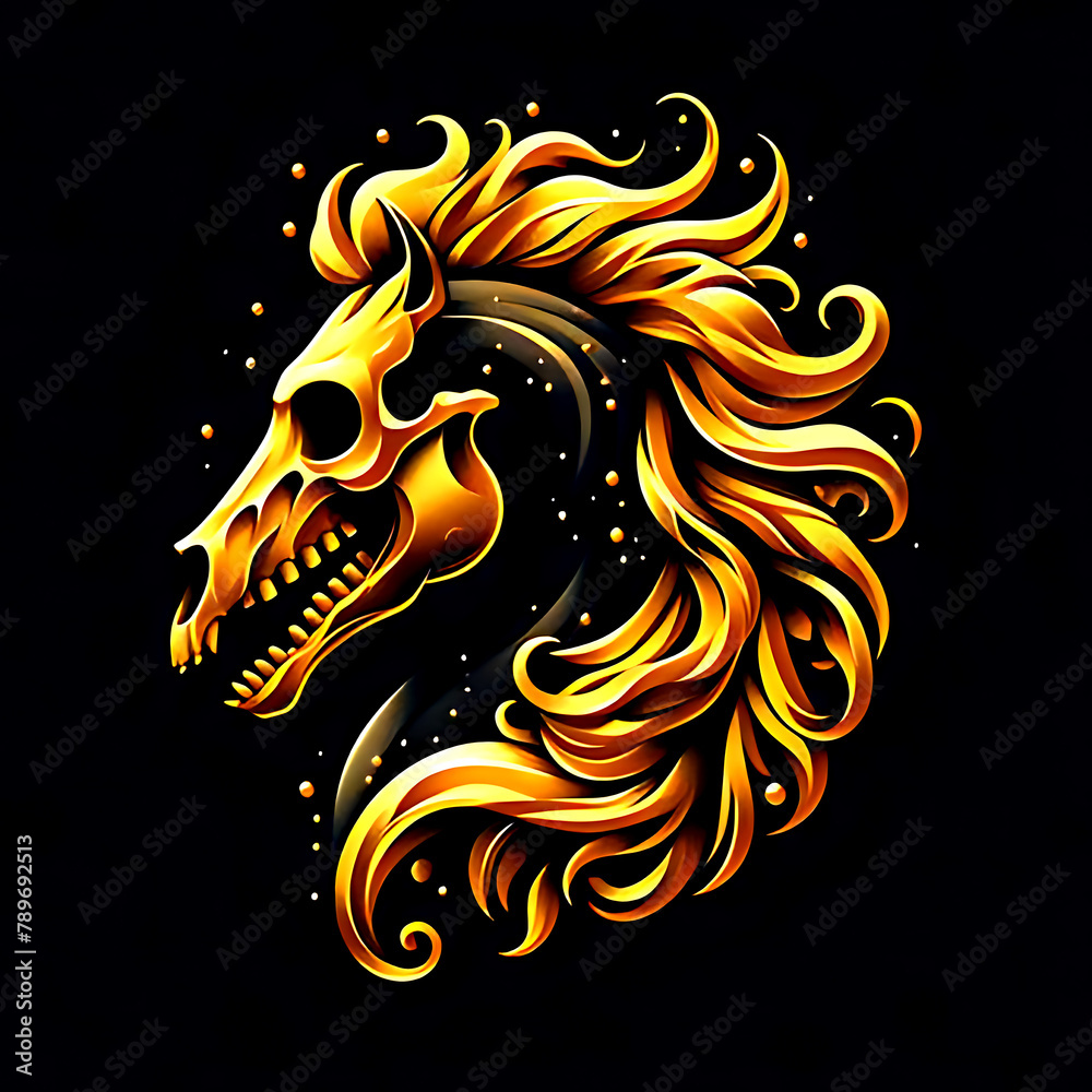 illustration design logo a golden skull horse