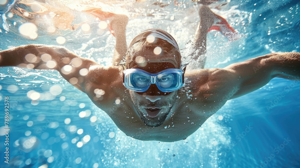 Naklejka premium A man wearing goggles swims in a pool