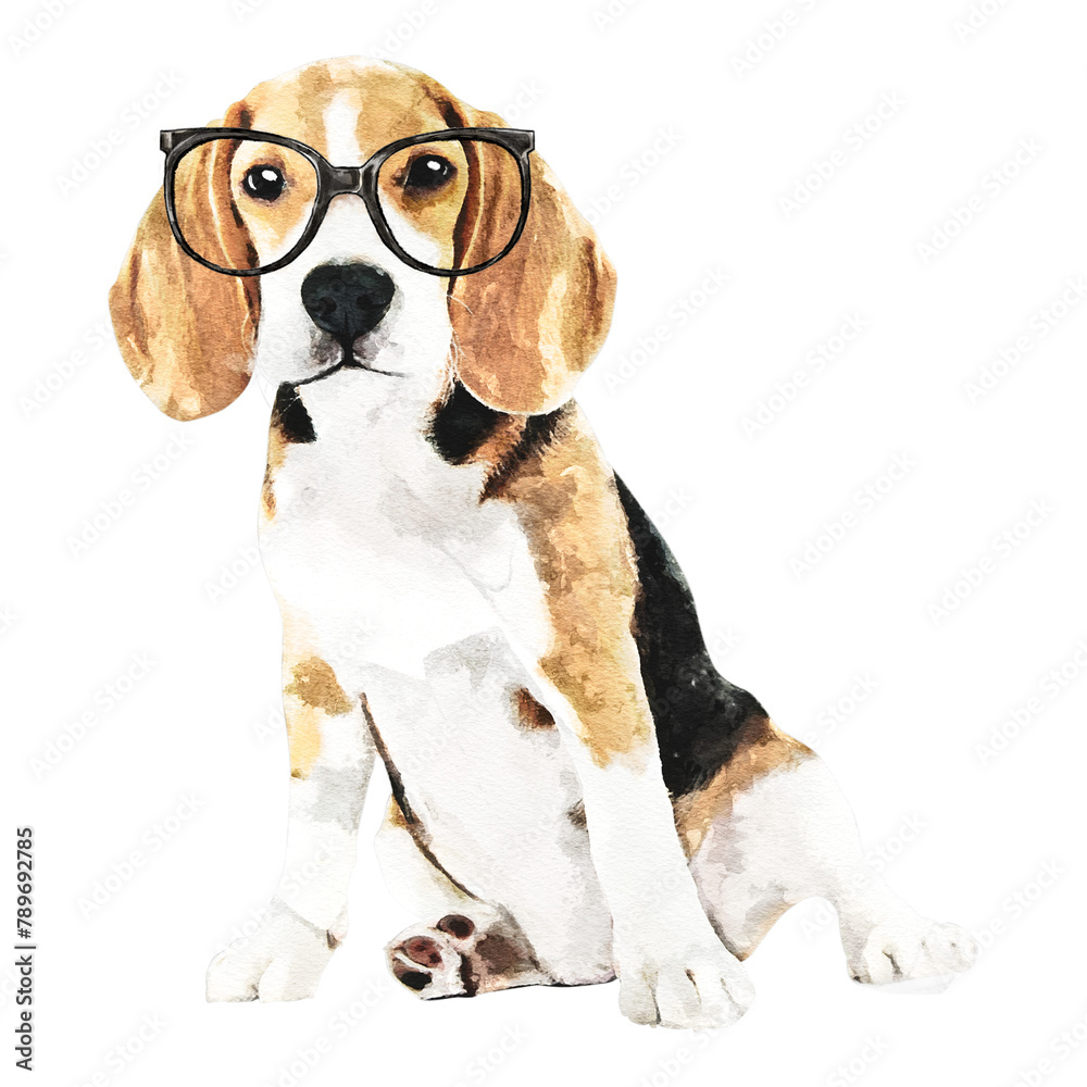 Cute beagle dog png illustration on transparent background in watercolor wearing glasses