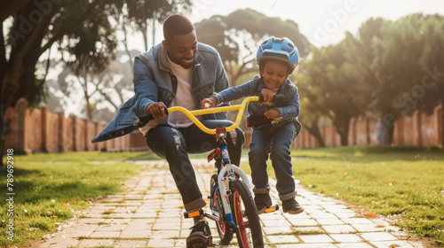 A father is guiding his son as he learns to ride a bike for the first time. The father is holding onto the back of the bike, helping his son balance and pedal photo