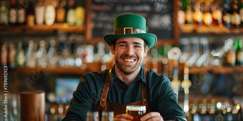 A smiling barman in a green St. Patrick's hat serving beer at a festive celebration. photo