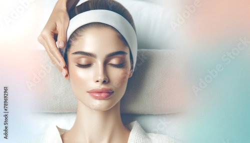 Woman enjoys a calming spa facial, serene expression, pastel background. Spa treatment focuses on woman's face, inducing relaxation and calm. photo