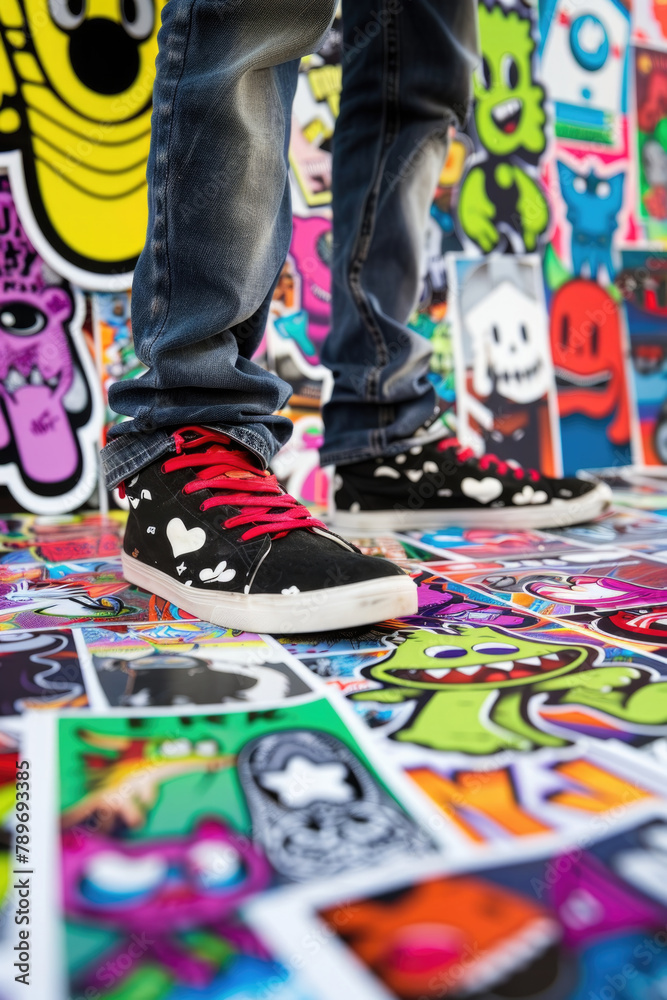 Fototapeta premium A person stands confidently on top of a skateboard on the ground covered in skateboards