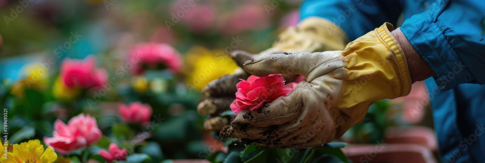 A person wearing yellow gloves is carefully picking colorful flowers from a garden