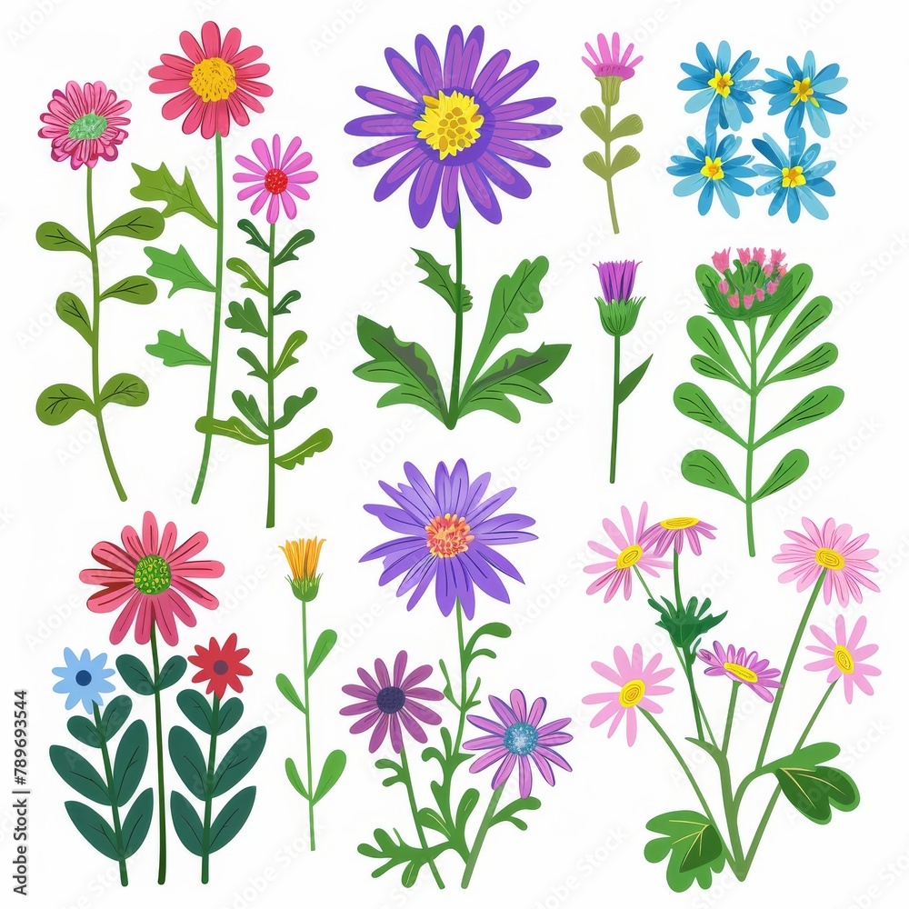Aster Flower Icon Set, Garden Aster Flat Design, Abstract Spring Aster Symbol, Simple Flowers