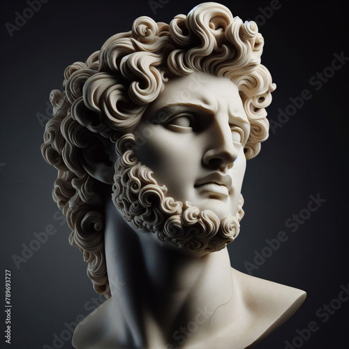 Portrait of a plaster statue of Apollo isolated on black. Gypsum statue of Apollo's bust. Greek god statue. Male statue of a Roman deity, muscular Apollo in Olympus.