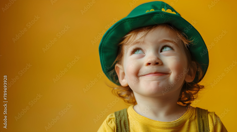 Smiling little boy in a green leprechaun hat on a yellow background for St. Patrick's Day celebration. Funny face and space for text. Smiling little boy in a green leprechaun hat on a yellow background for St. Patrick's Day celebration. Funny face and space for text.