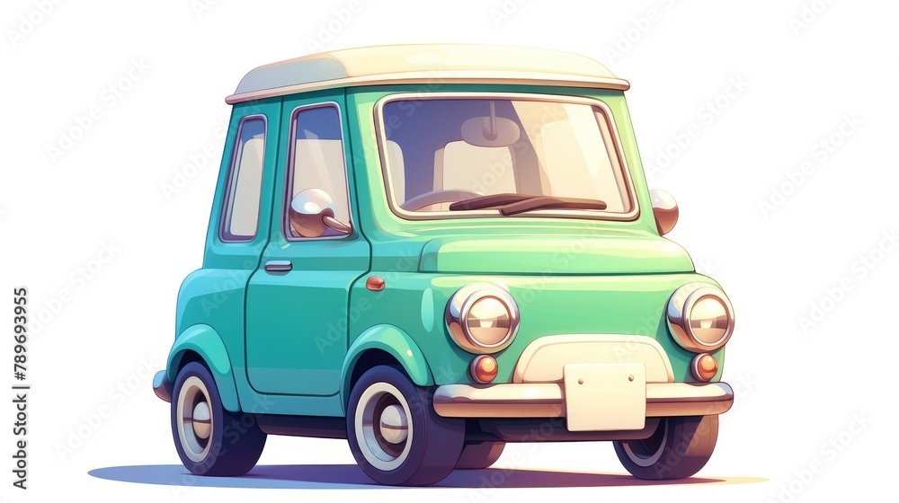 An adorable 2d cartoon of a compact car uniquely set against a white background exudes charm and playfulness