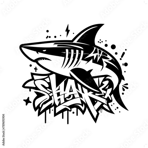 Shark fish silhouette, animal graffiti tag, hip hop, street art typography illustration.