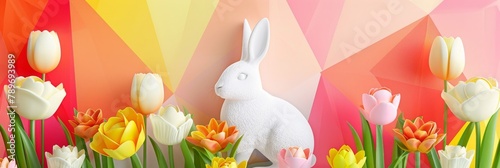 Easter Paper Card with Bunny, Rabbit Shape Frame, Spring Flowers on Colorful Geometric Background © artemstepanov