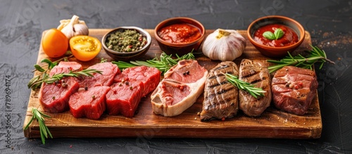 Wooden Cutting Board With Meat and Vegetables photo