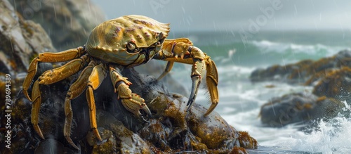 Large Crab Perched on Rock by Ocean