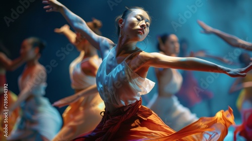 Closeup of a dance performance capturing the fluid movements and dynamic expressions of the dancers each representing a different cultural background. .