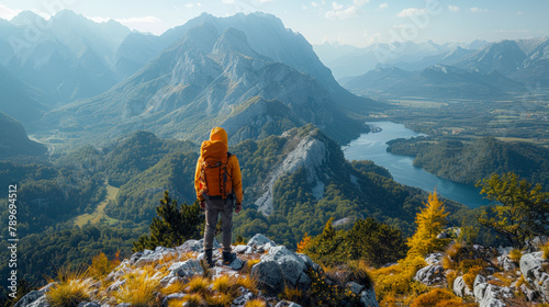 Success at the summit: Man enjoys the view from the mountain peak