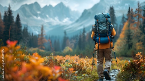 Wanderer's Symphony: Hiking Amongst Autumn Peaks. Concept Nature Photography, Hiking Trails, Autumn Landscapes, Mountain Adventures, Outdoor Exploration