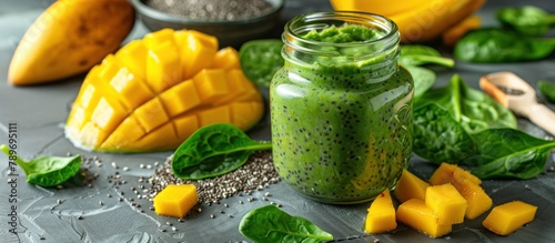 Green Smoothie in Jar With Mango Slices