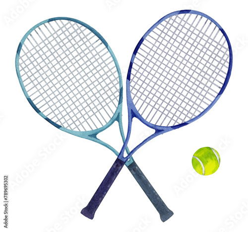 Watercolor set of tennis rackets and ball. Hand drawn sports illustrations isolated on transparent.