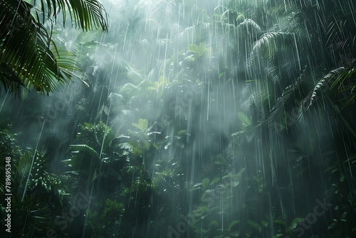 : A thunderous cloudburst unleashing torrents of rain in a tropical forest. © crescent
