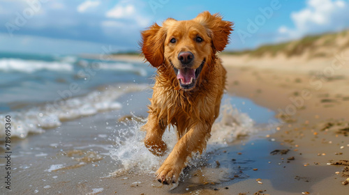 A dog running happily along the beach.