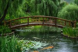 : A tranquil koi pond with a quaint wooden bridge arching over it, hidden by weeping willows.