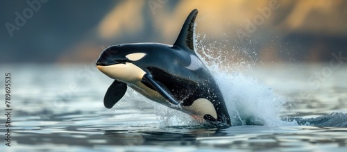 Black and White Orca Jumping Out of Water photo