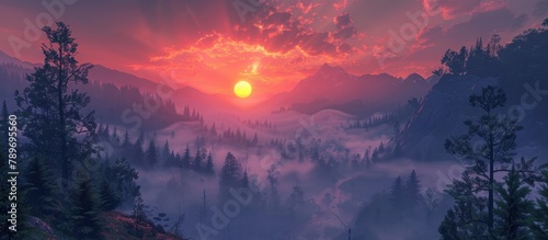 Sun Setting Over Mountain Range © FryArt Studio