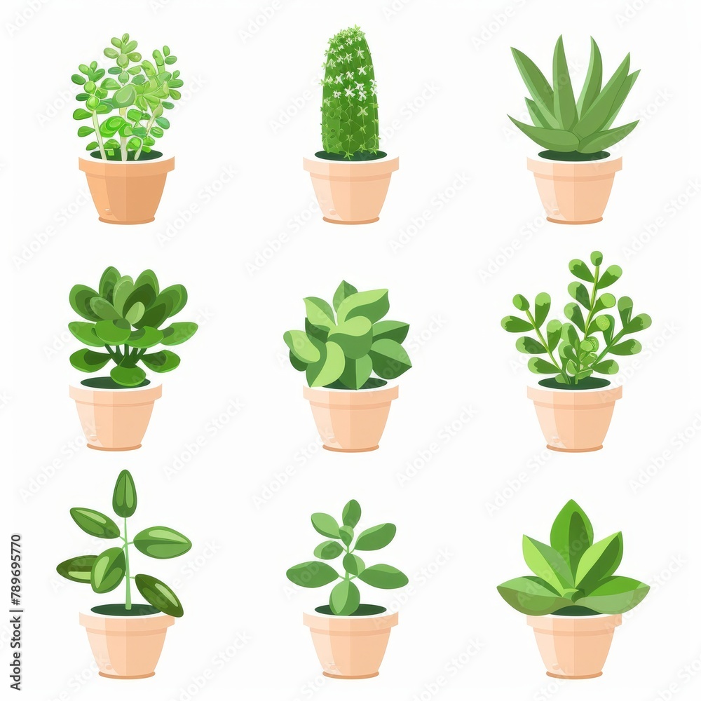 Jade plant (Crassula ovata) Pot Plant Icon Set, Crassula ovata Plant Flat Design, Jade plant Symbols