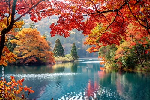   A tranquil lake surrounded by autumn trees with leaves in shades of orange and red.